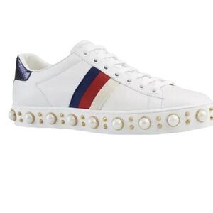 Women Gucci White Leather Sneakers with Red & Blue Heel Tabs w/Pearl Detail